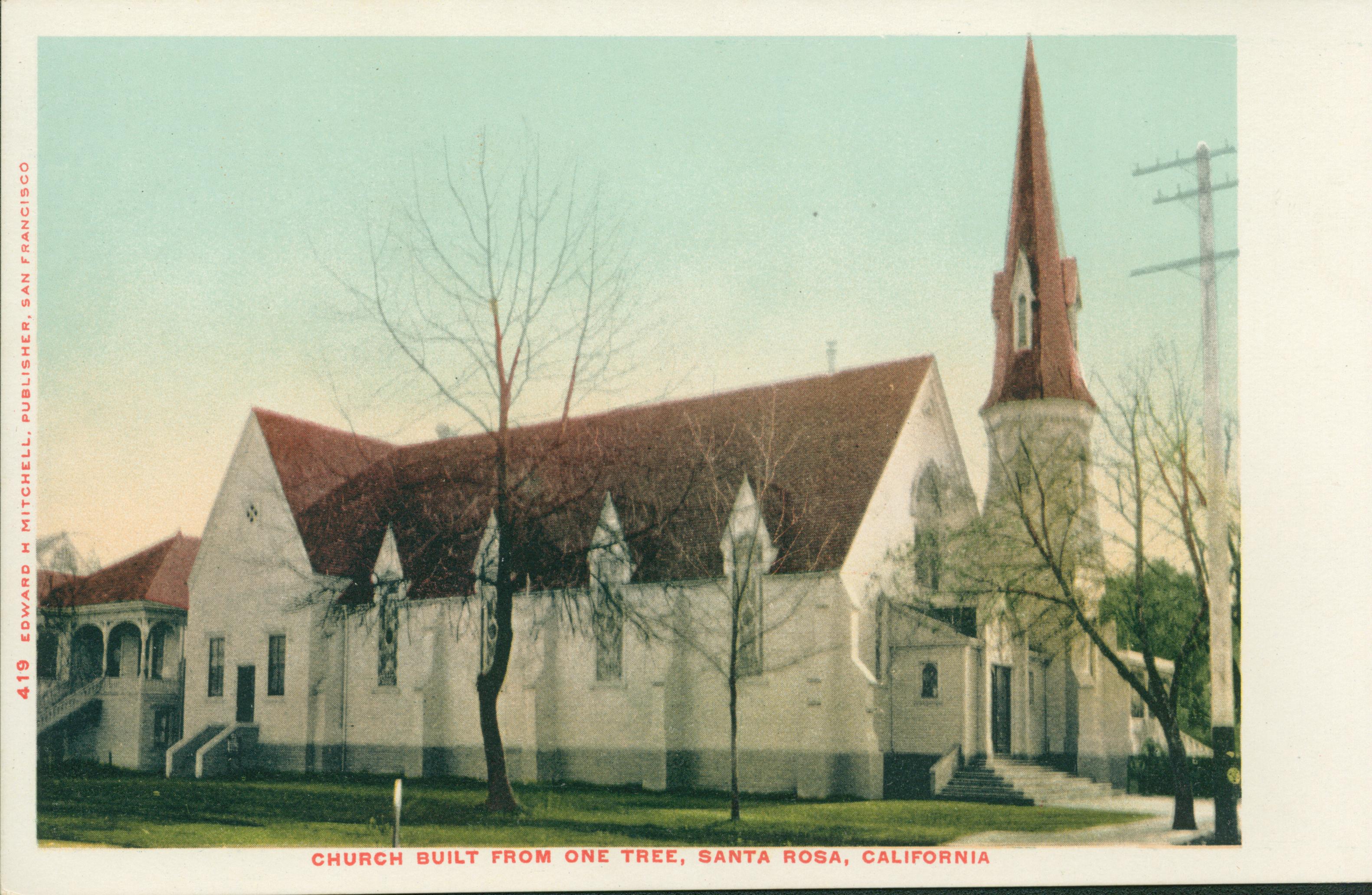 Shows a corner view of a church in Santa Rosa